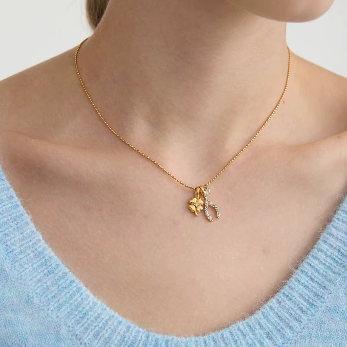 Clover Wishbone Charms Necklace